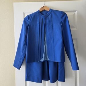 Women's Royal Blue Collarless Pleated Blazer And Skirt Suit Set